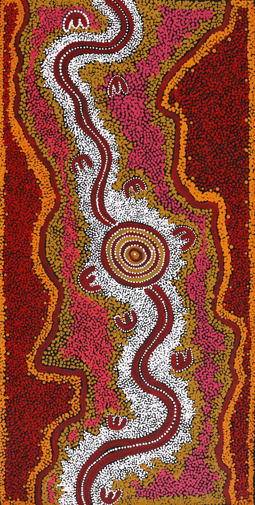 Aboriginal Artwork by Queenie Nungarrayi Stewart, Janganpa Jukurrpa (Brush-tail Possum Dreaming) - Mawurrji, 91x46cm