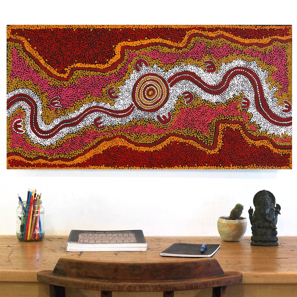 Aboriginal Artwork by Queenie Nungarrayi Stewart, Janganpa Jukurrpa (Brush-tail Possum Dreaming) - Mawurrji, 91x46cm