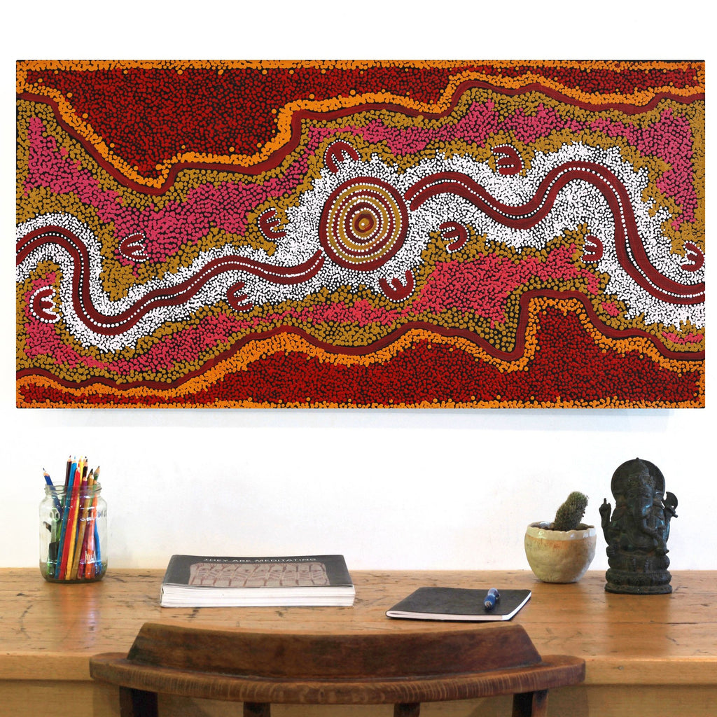 Aboriginal Artwork by Queenie Nungarrayi Stewart, Janganpa Jukurrpa (Brush-tail Possum Dreaming) - Mawurrji, 91x46cm - ART ARK®