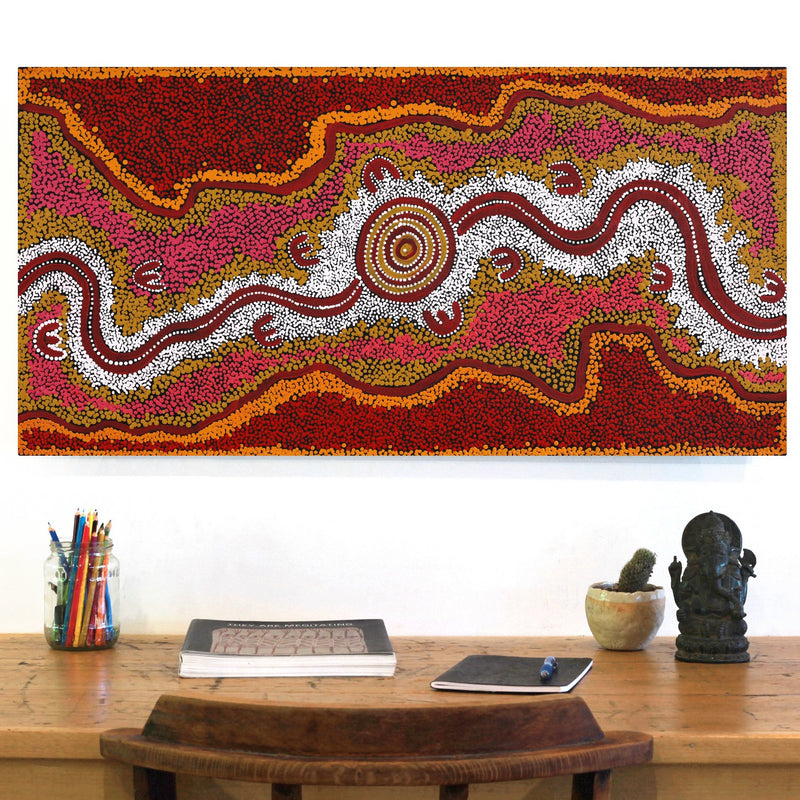 Aboriginal Artwork by Queenie Nungarrayi Stewart, Janganpa Jukurrpa (Brush-tail Possum Dreaming) - Mawurrji, 91x46cm