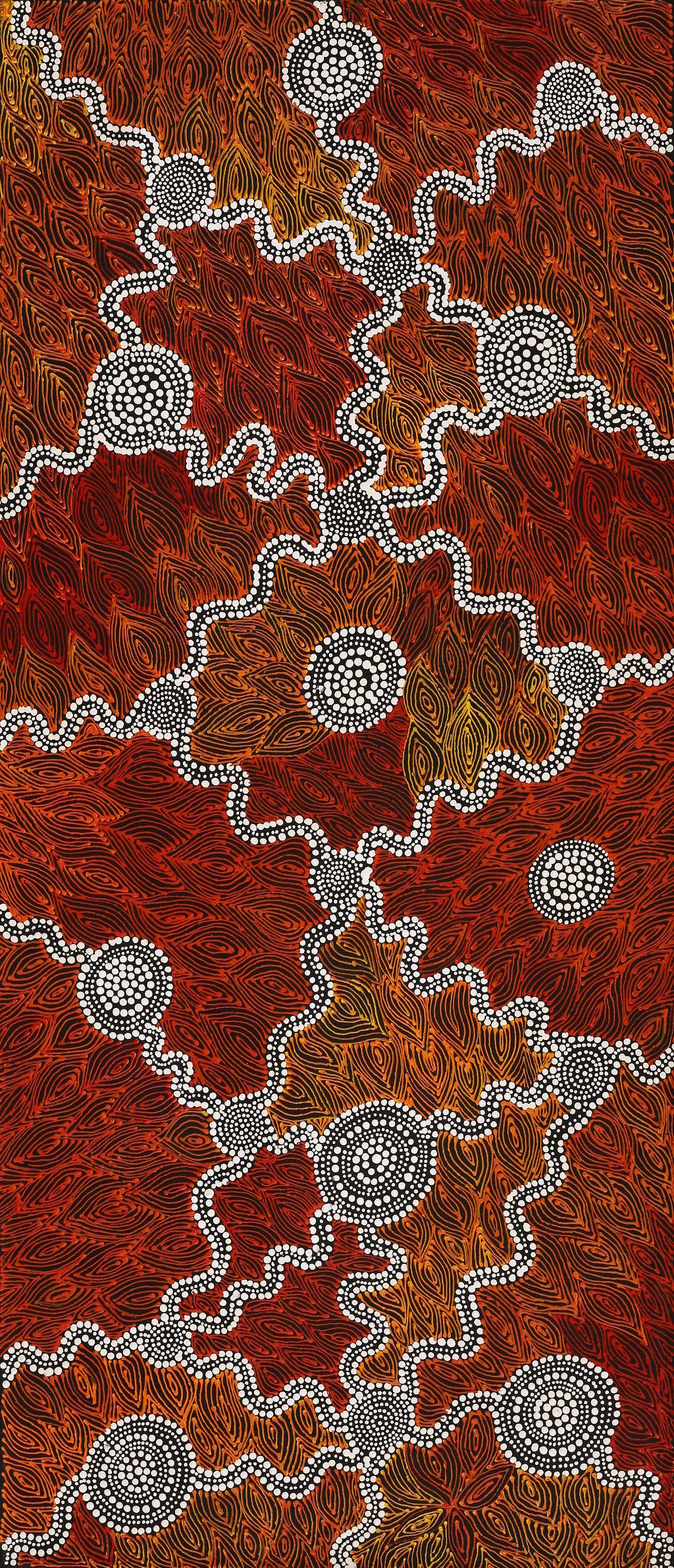 Aboriginal Artwork by Reanne Nampijinpa Brown, Ngapa Jukurrpa (Water Dreaming) - Mikanji, 107x46cm