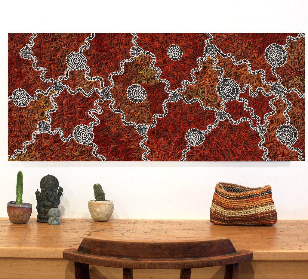 Aboriginal Artwork by Reanne Nampijinpa Brown, Ngapa Jukurrpa (Water Dreaming) - Mikanji, 107x46cm