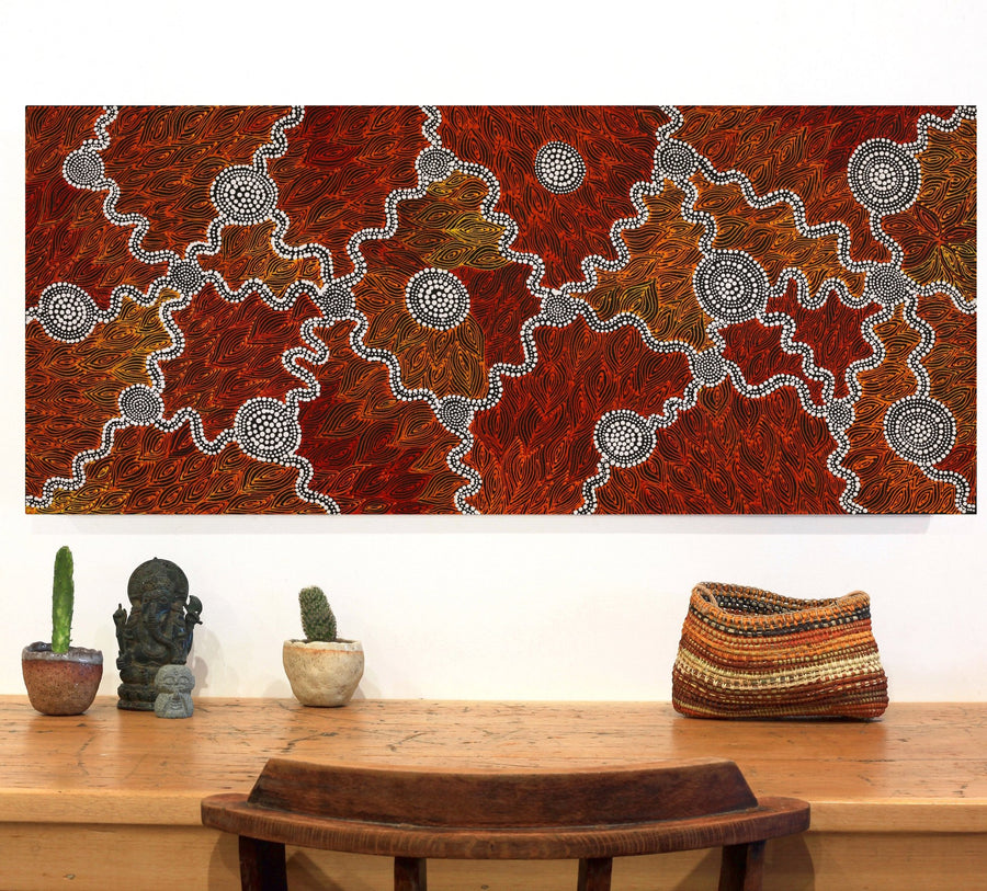 Aboriginal Artwork by Reanne Nampijinpa Brown, Ngapa Jukurrpa (Water Dreaming) - Mikanji, 107x46cm