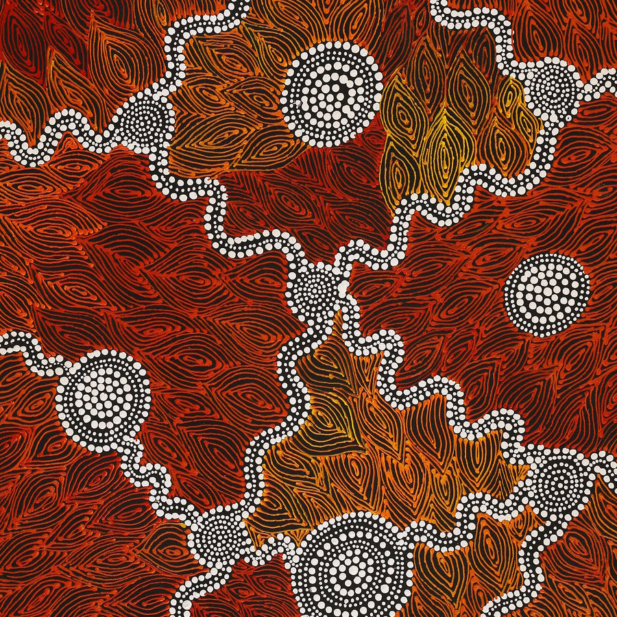 Aboriginal Artwork by Reanne Nampijinpa Brown, Ngapa Jukurrpa (Water Dreaming) - Mikanji, 107x46cm