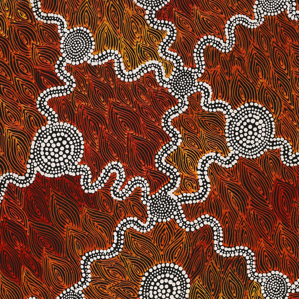 Aboriginal Artwork by Reanne Nampijinpa Brown, Ngapa Jukurrpa (Water Dreaming) - Mikanji, 107x46cm