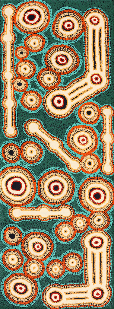 Aboriginal Artwork by Rosemary Peters, Waru at Watarru, 122x45cm