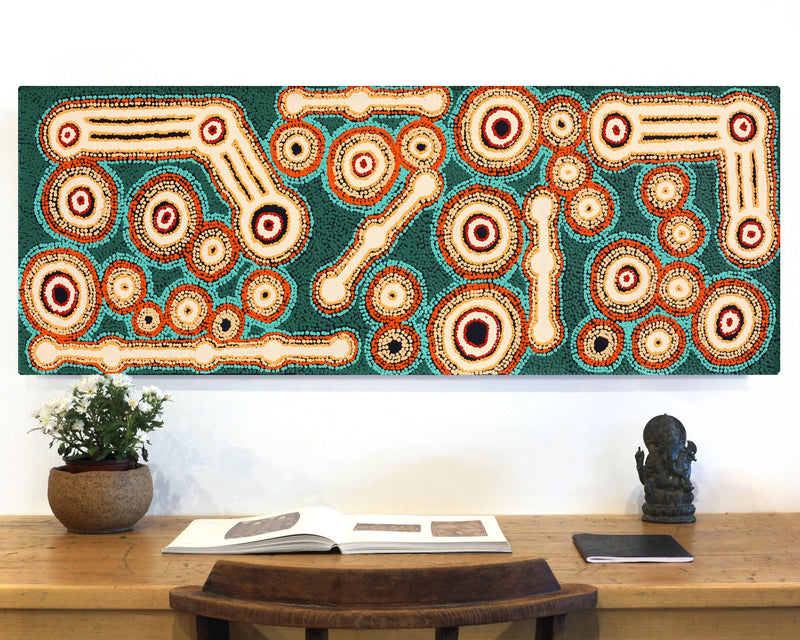 Aboriginal Artwork by Rosemary Peters, Waru at Watarru, 122x45cm