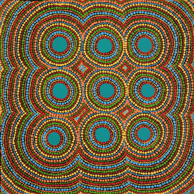 Aboriginal Artwork by Samantha Napangardi Granites, Pirlarla Jukurrpa (Dogwood Tree Bean Dreaming), 46x46cm