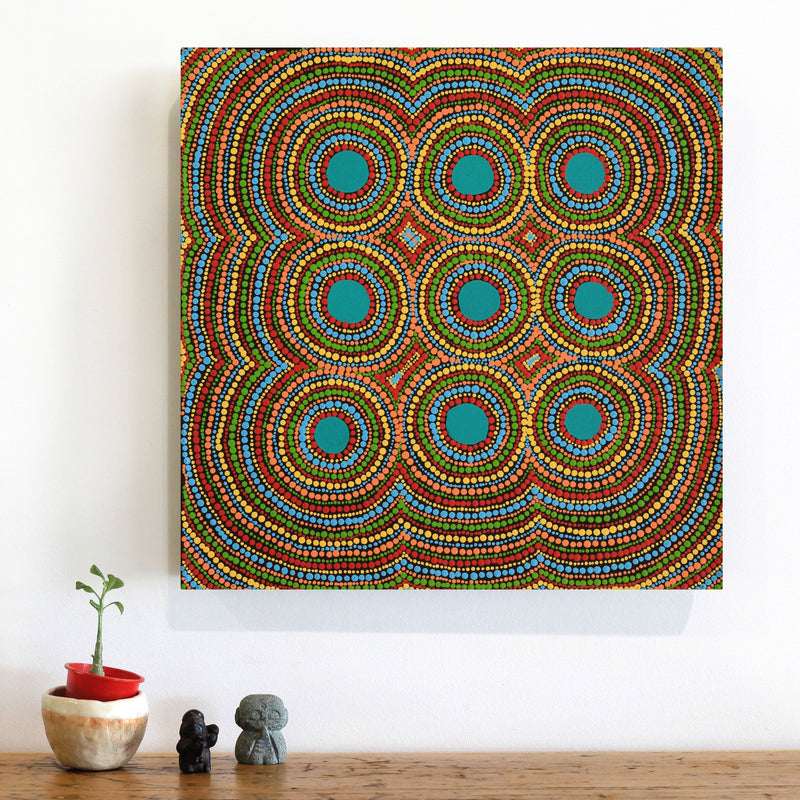 Aboriginal Artwork by Samantha Napangardi Granites, Pirlarla Jukurrpa (Dogwood Tree Bean Dreaming), 46x46cm