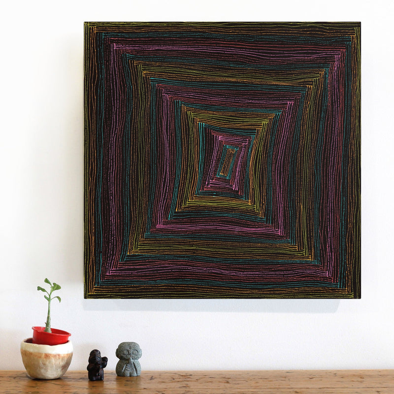 Aboriginal Artwork by Senita Napangardi Granites, Ngurlu Jukurrpa (Native Seed Dreaming), 46x46cm