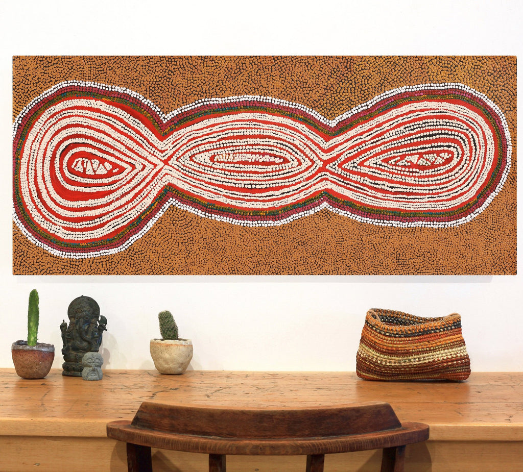 Aboriginal Artwork by Tess Napaljarri Ross, Warlukurlangu Jukurrpa (Fire country Dreaming), 107x46cm