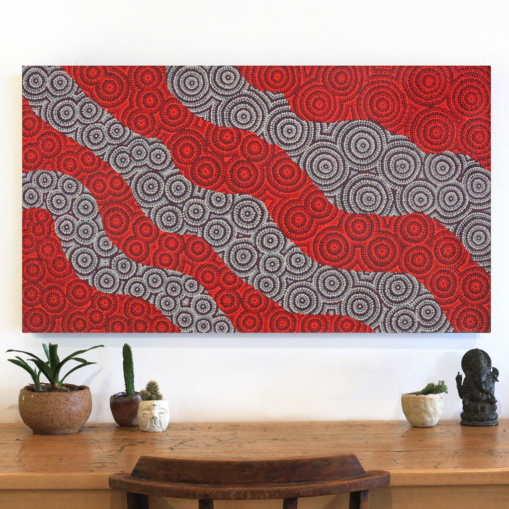 Aboriginal Art by Tiffany Nakamarra Ross, Yarla Jukurrpa (Bush Potato Dreaming) - Cockatoo Creek, 107x61cm - ART ARK®