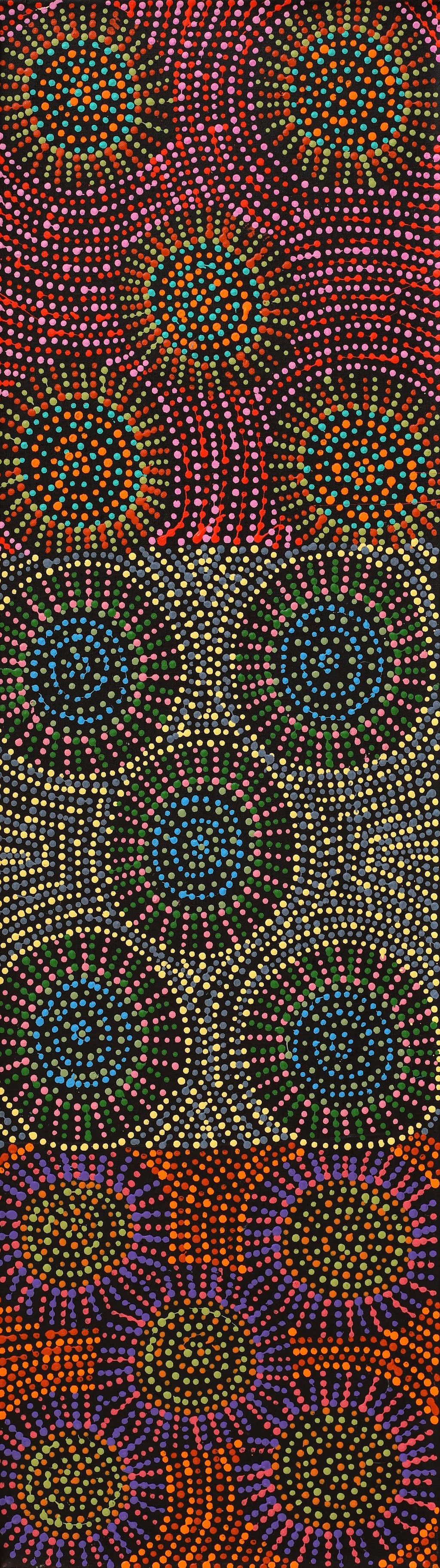 Aboriginal Artwork by Tina Napangardi Martin, Jinti-parnta Jukurrpa, 107x30cm