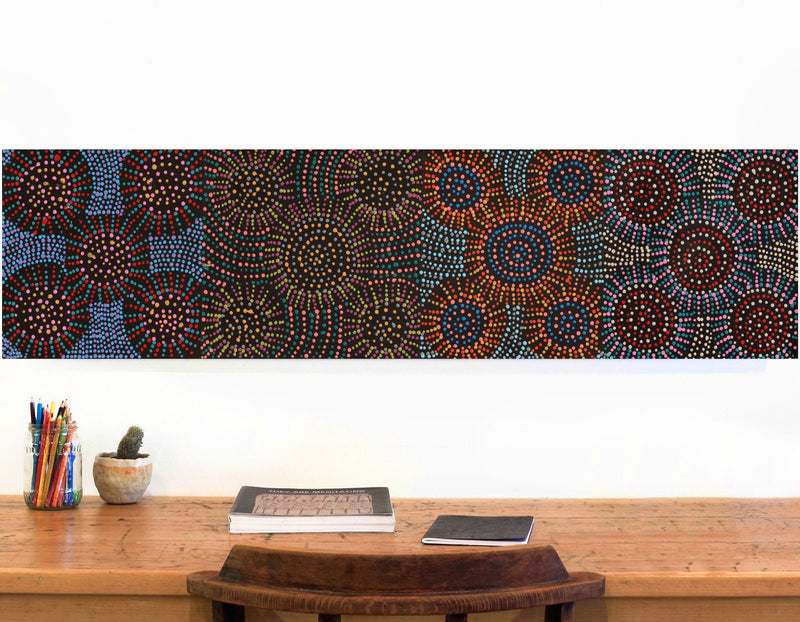 Aboriginal Artwork by Tina Napangardi Martin, Jinti-parnta Jukurrpa, 122x30cm