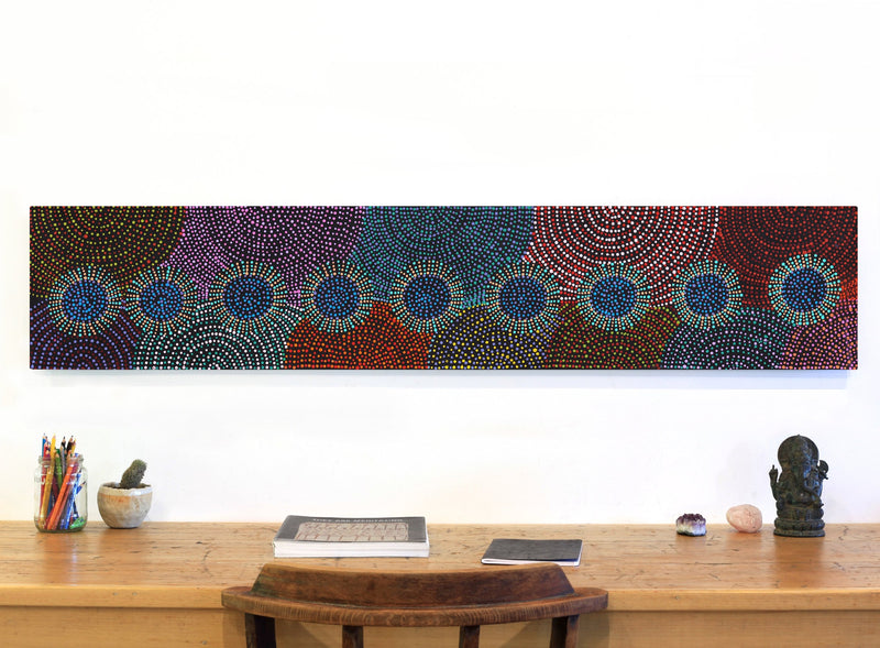 Aboriginal Artwork by Tina Napangardi Martin, Jinti-parnta Jukurrpa, 152x30cm