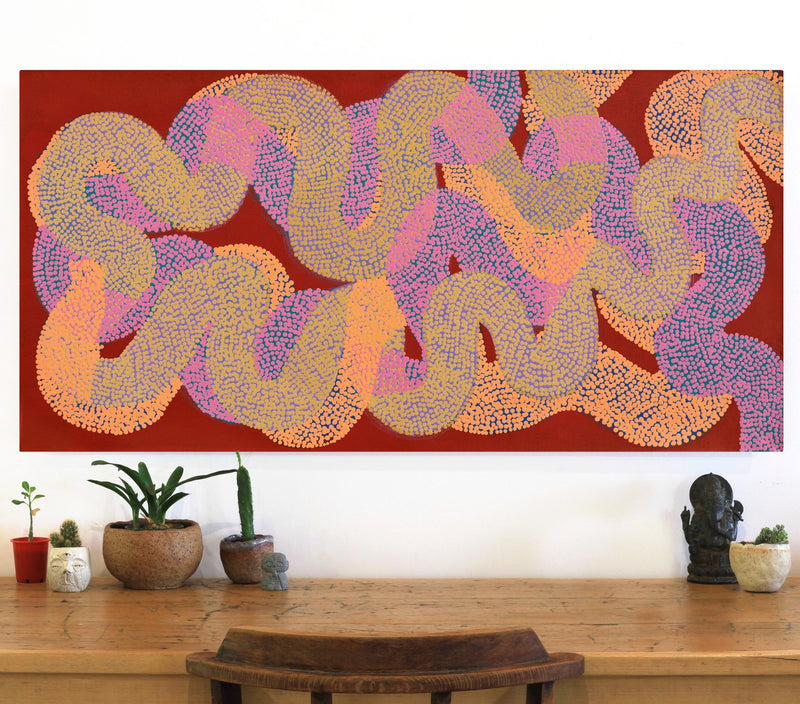 Aboriginal Artwork by Vanetta Nampijinpa Hudson, Warlukurlangu Jukurrpa (Fire country Dreaming), 122x61cm