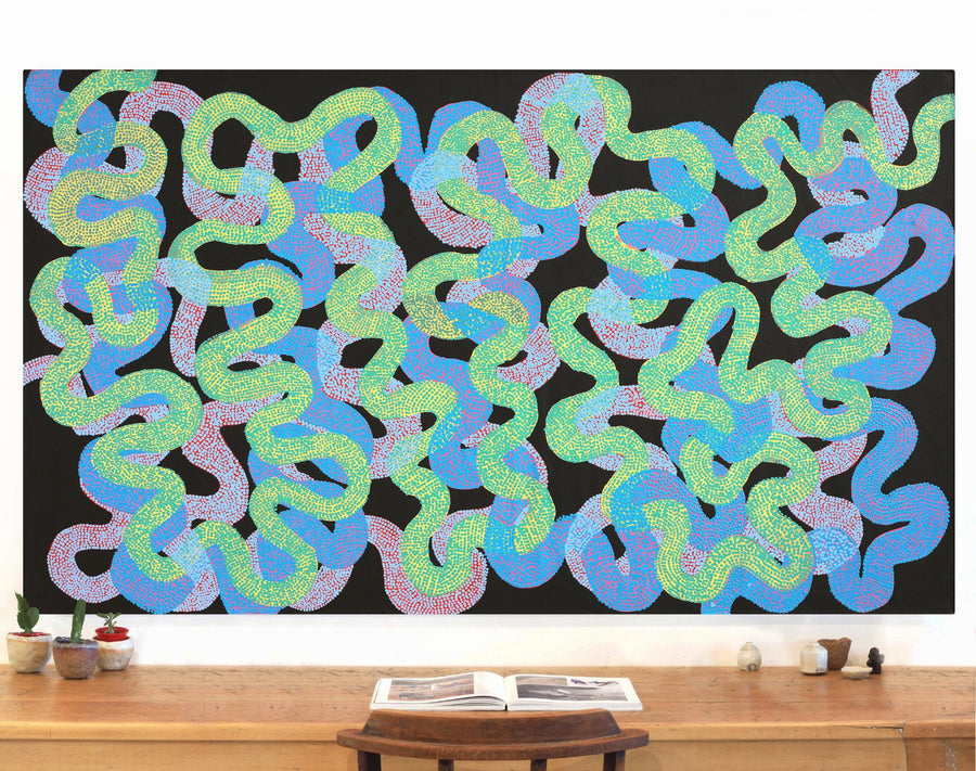 Aboriginal Artwork by Vanetta Nampijinpa Hudson, Warlukurlangu Jukurrpa (Fire country Dreaming), 183x107cm