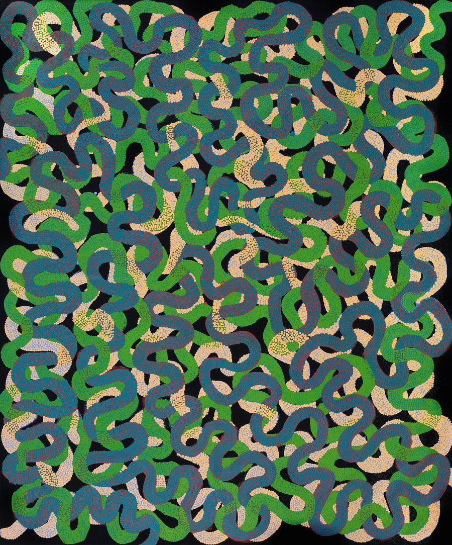 Aboriginal Artwork by Vanetta Nampijinpa Hudson, Warlukurlangu Jukurrpa (Fire country Dreaming), 183x152cm