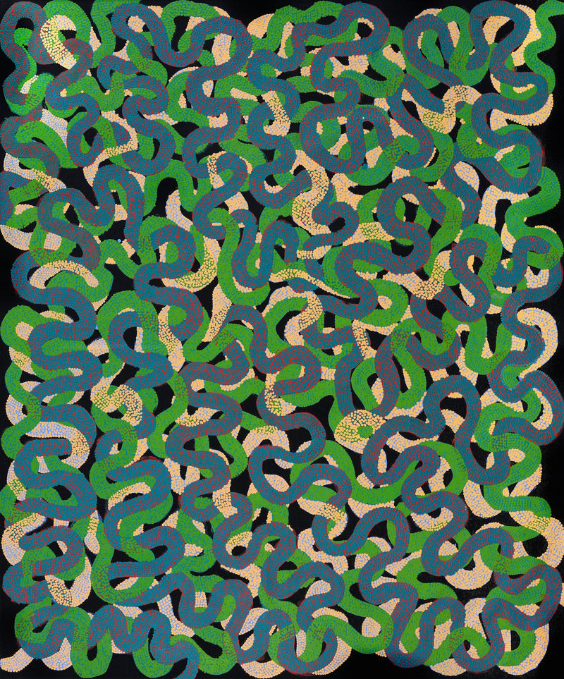 Aboriginal Artwork by Vanetta Nampijinpa Hudson, Warlukurlangu Jukurrpa (Fire country Dreaming), 183x152cm