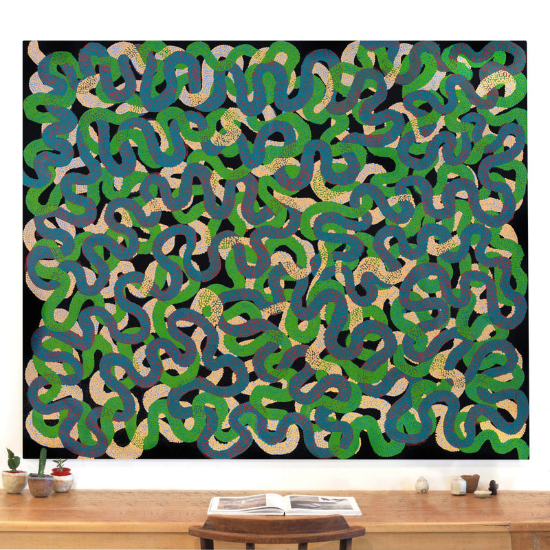 Aboriginal Artwork by Vanetta Nampijinpa Hudson, Warlukurlangu Jukurrpa (Fire country Dreaming), 183x152cm