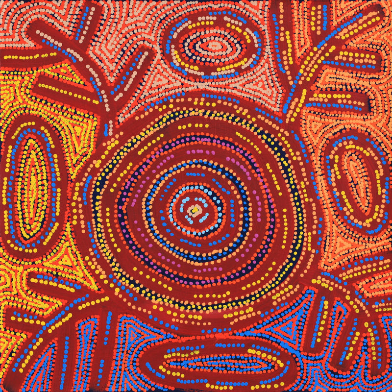 Aboriginal Artwork by Vanetta Nampijinpa Hudson, Warlukurlangu Jukurrpa (Fire country Dreaming), 61x61cm