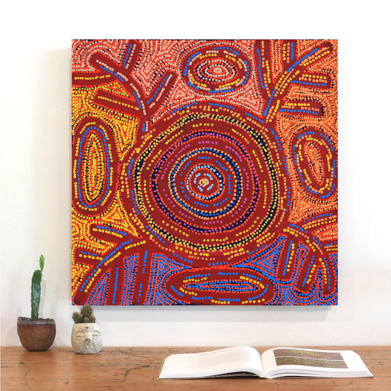 Aboriginal Artwork by Vanetta Nampijinpa Hudson, Warlukurlangu Jukurrpa (Fire country Dreaming), 61x61cm