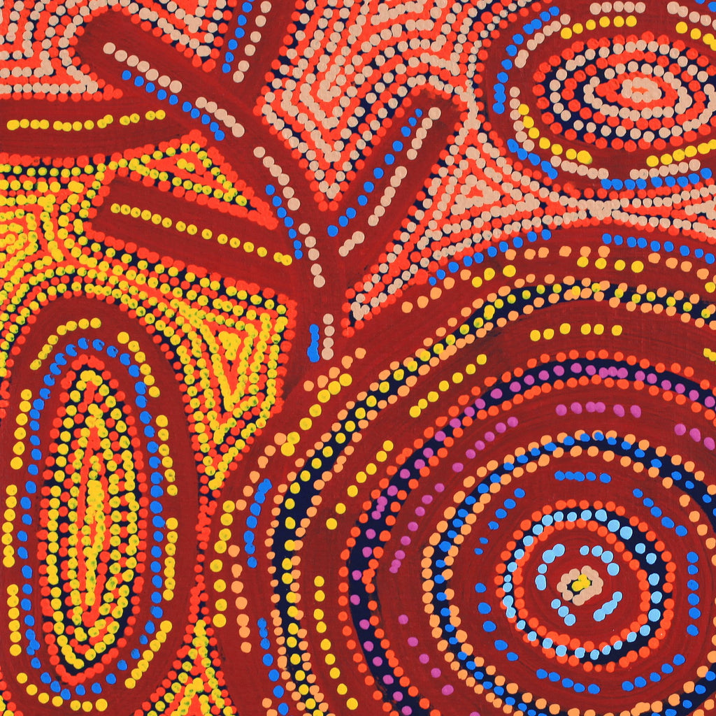 Aboriginal Artwork by Vanetta Nampijinpa Hudson, Warlukurlangu Jukurrpa (Fire country Dreaming), 61x61cm