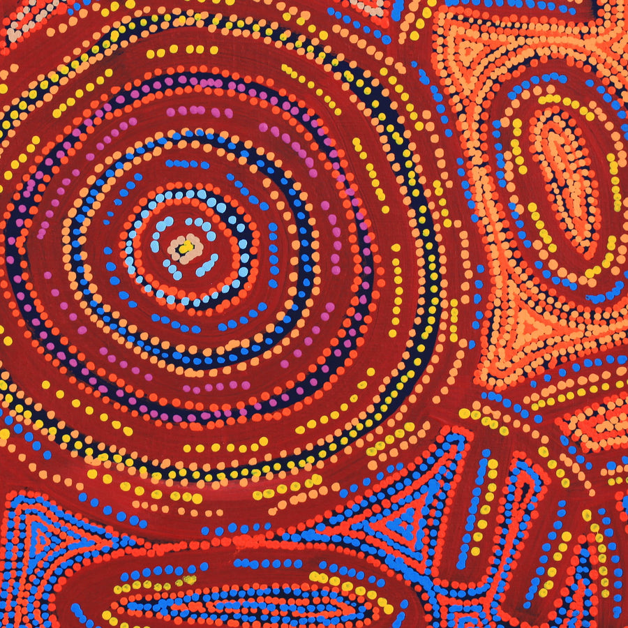Aboriginal Artwork by Vanetta Nampijinpa Hudson, Warlukurlangu Jukurrpa (Fire country Dreaming), 61x61cm