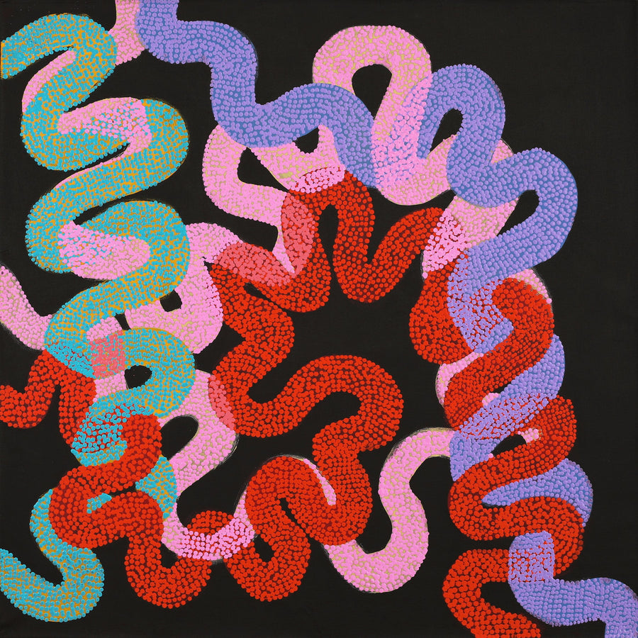 Aboriginal Artwork by Vanetta Nampijinpa Hudson, Warlukurlangu Jukurrpa (Fire country Dreaming), 91x91cm