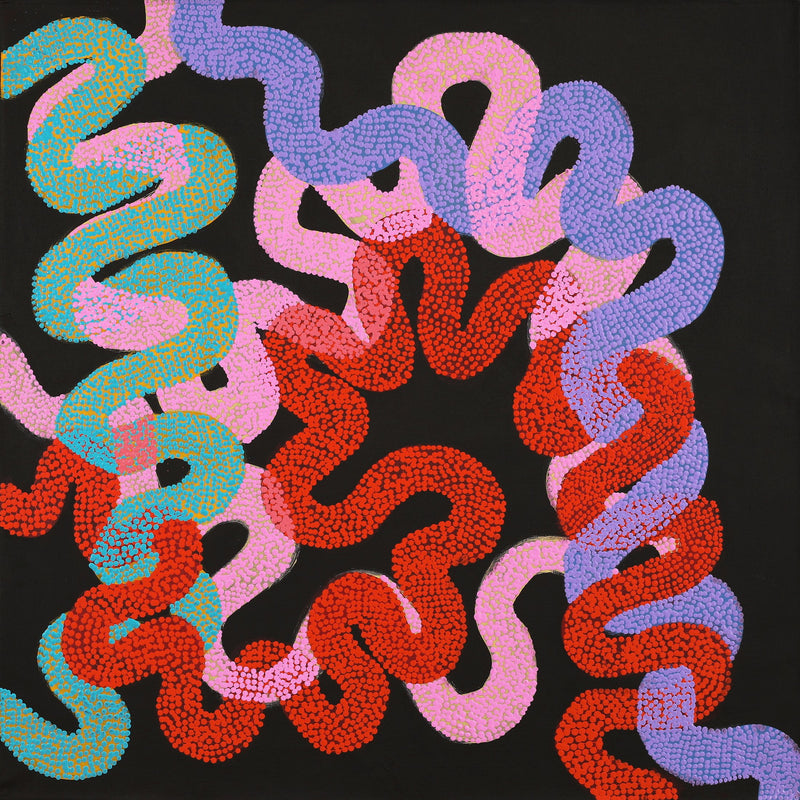 Aboriginal Artwork by Vanetta Nampijinpa Hudson, Warlukurlangu Jukurrpa (Fire country Dreaming), 91x91cm