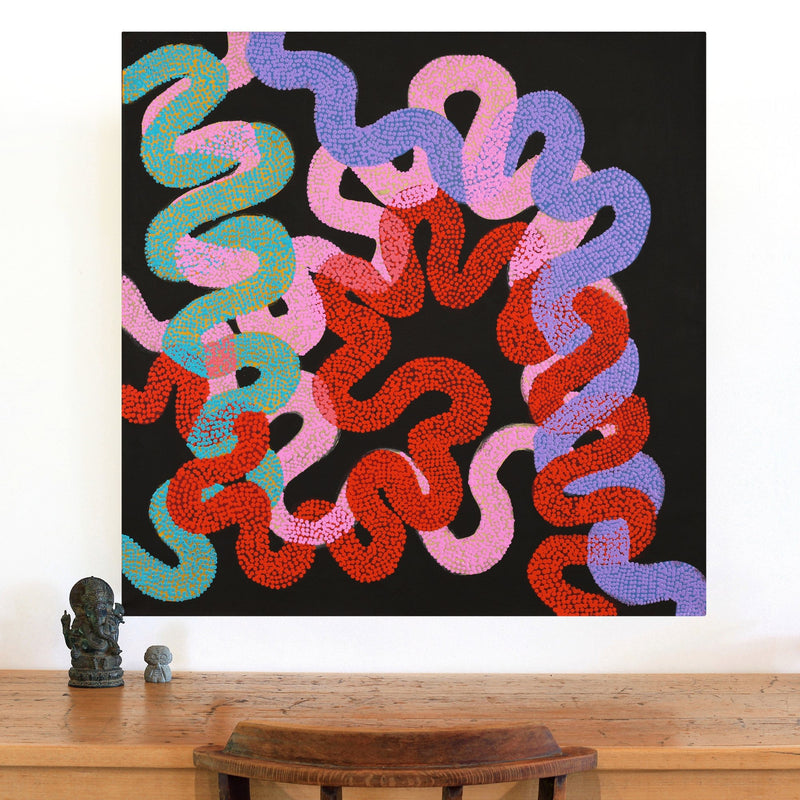 Aboriginal Artwork by Vanetta Nampijinpa Hudson, Warlukurlangu Jukurrpa (Fire country Dreaming), 91x91cm