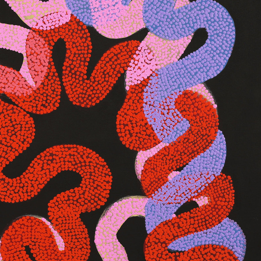 Aboriginal Artwork by Vanetta Nampijinpa Hudson, Warlukurlangu Jukurrpa (Fire country Dreaming), 91x91cm