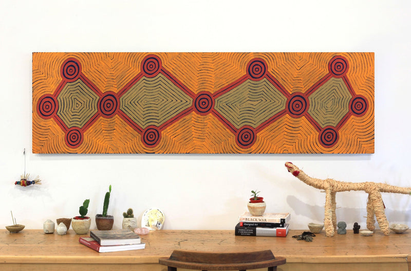 Aboriginal Artwork by Virginia Napanangka Ngalaia, Kushinia, 163x45cm