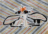 Aboriginal Artwork by Wally Wilfred, 2 Emu, 42x30cm Perspex