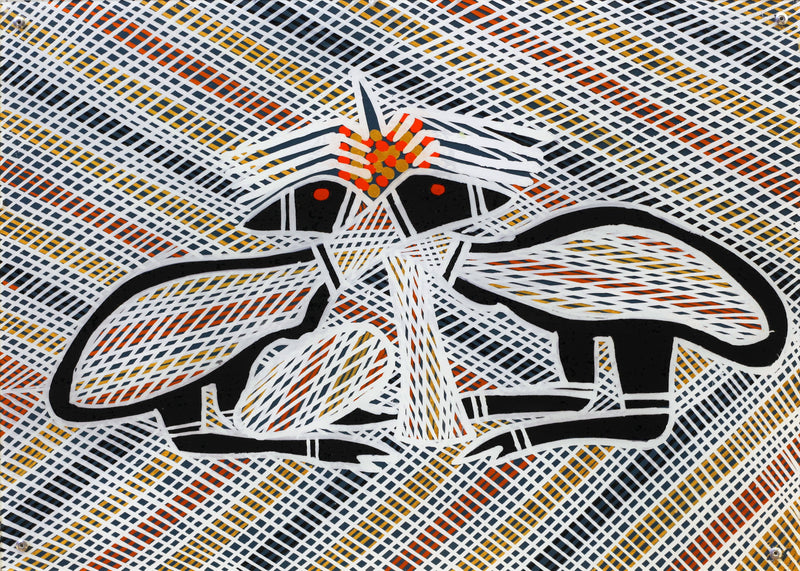Aboriginal Artwork by Wally Wilfred, 2 Emu, 42x30cm Perspex