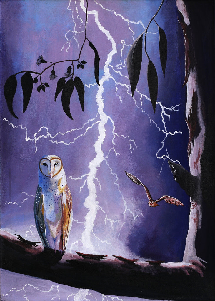 Aboriginal Art by Walter Jugadai, Barn Owl at Night landscape, 70x50cm - ART ARK®