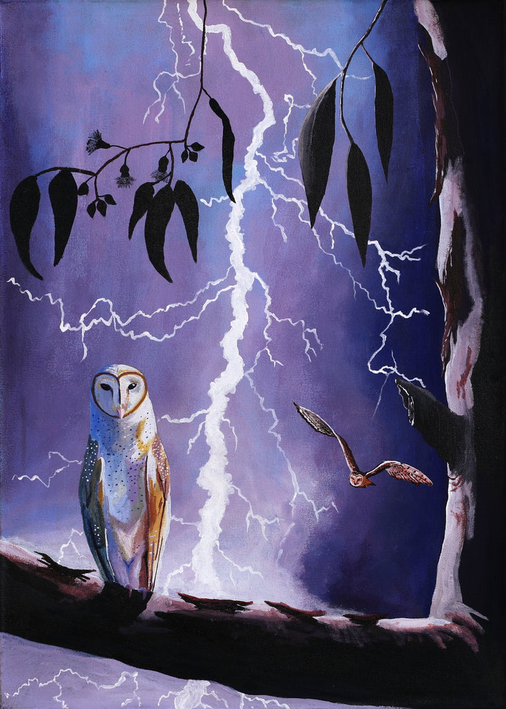 Aboriginal Artwork by Walter Jugadai, Barn Owl at Night landscape, 70x50cm