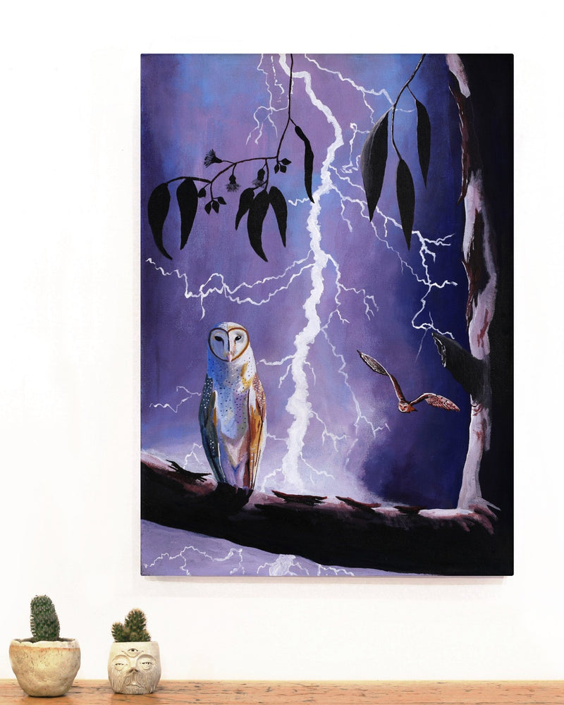 Aboriginal Artwork by Walter Jugadai, Barn Owl at Night landscape, 70x50cm