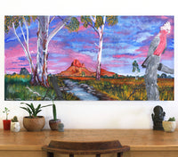 Aboriginal Artwork by Walter Jugadai, Haasts Bluff landscape, 122x61cm