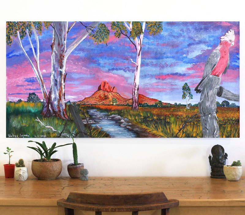 Aboriginal Artwork by Walter Jugadai, Haasts Bluff landscape, 122x61cm