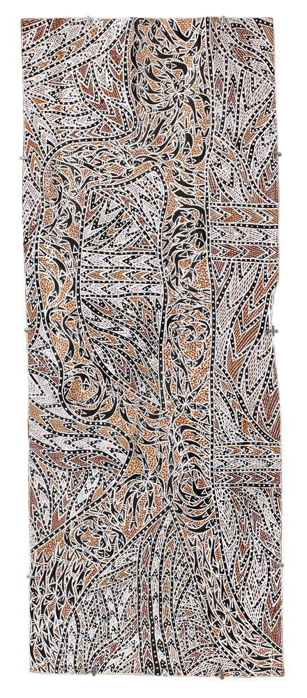 Aboriginal Artwork by Wukun Wanambi, Bamurruŋu, 124x48cm Bark