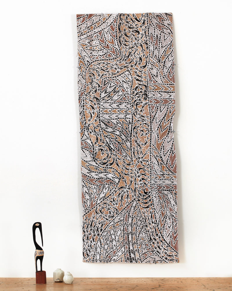 Aboriginal Artwork by Wukun Wanambi, Bamurruŋu, 124x48cm Bark