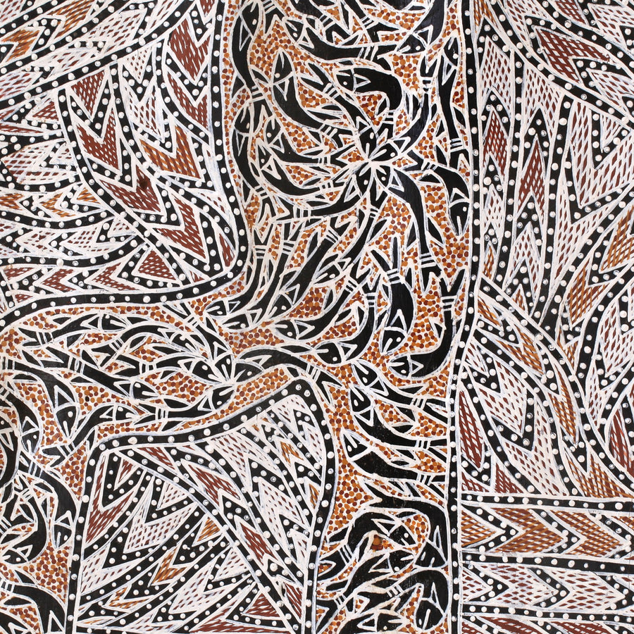Aboriginal Artwork by Wukun Wanambi, Bamurruŋu, 124x48cm Bark