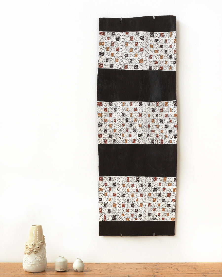 Aboriginal Artwork by Yimula Munuŋgurr, Djapu Design, 100x35cm Bark