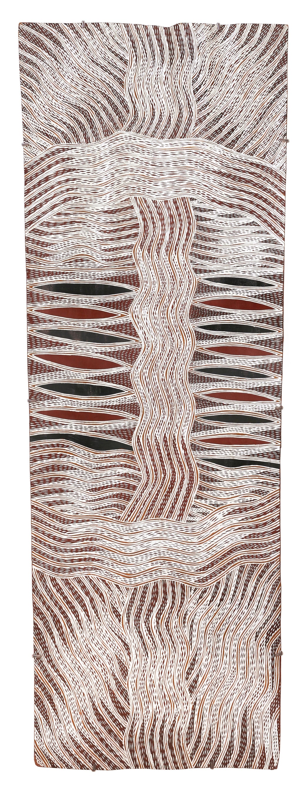 Aboriginal Artwork by Yinimala Gumana, Baraltja ga Garrapara, 152x54cm Bark