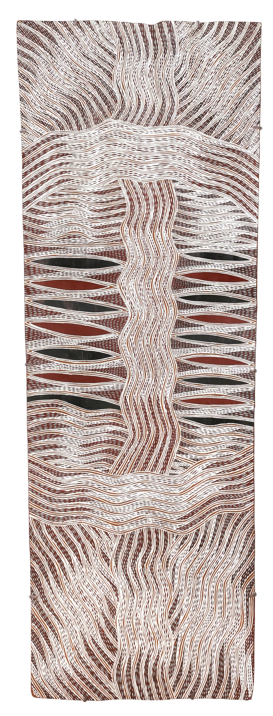 Aboriginal Artwork by Yinimala Gumana, Baraltja ga Garrapara, 152x54cm Bark