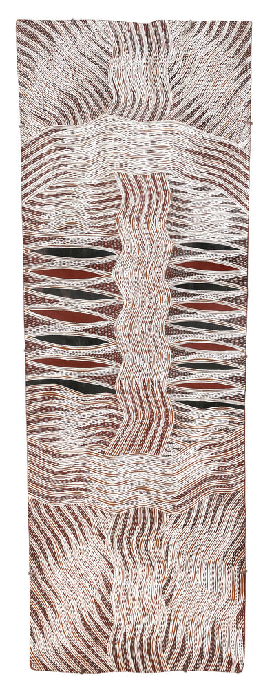 Aboriginal Artwork by Yinimala Gumana, Baraltja ga Garrapara, 152x54cm Bark
