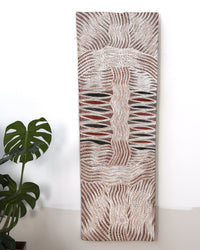 Aboriginal Artwork by Yinimala Gumana, Baraltja ga Garrapara, 152x54cm Bark