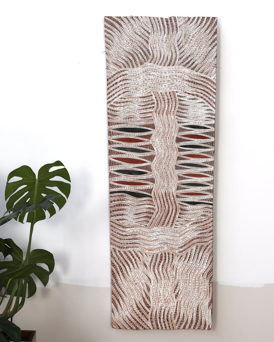 Aboriginal Artwork by Yinimala Gumana, Baraltja ga Garrapara, 152x54cm Bark