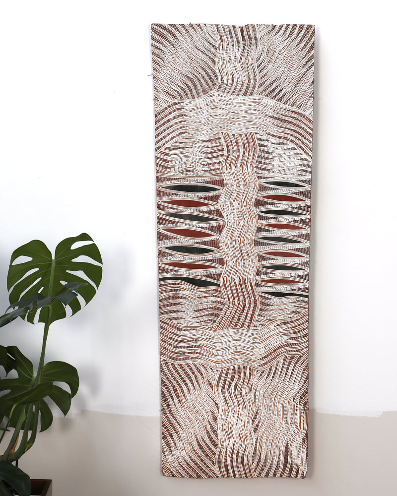 Aboriginal Artwork by Yinimala Gumana, Baraltja ga Garrapara, 152x54cm Bark